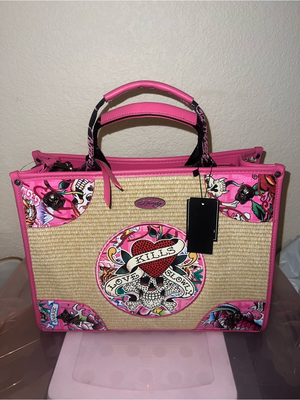 Ed Hardy Pink Straw Tote with Skull and Heart Patch